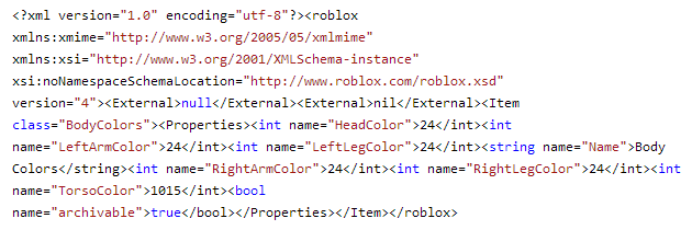Um exemplo de arquivo XML BodyColors.