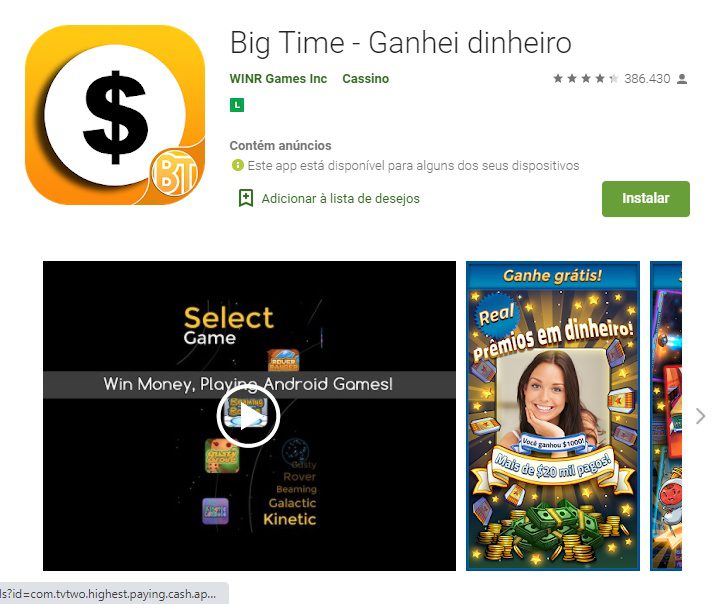 Tela de instalação do app para ganhar dinheiro jogando