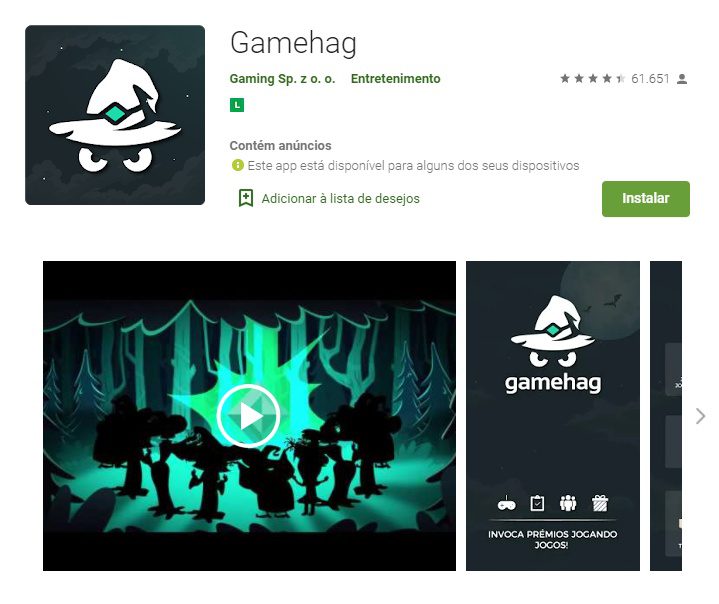 Tela de instalação do Gamehag na Play Store