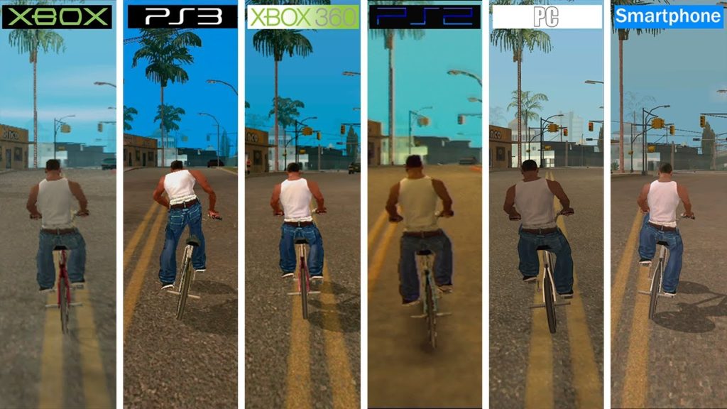 Imagens do jogo GTA San Andreas: personagem montado em bicicleta, de camisa branca.